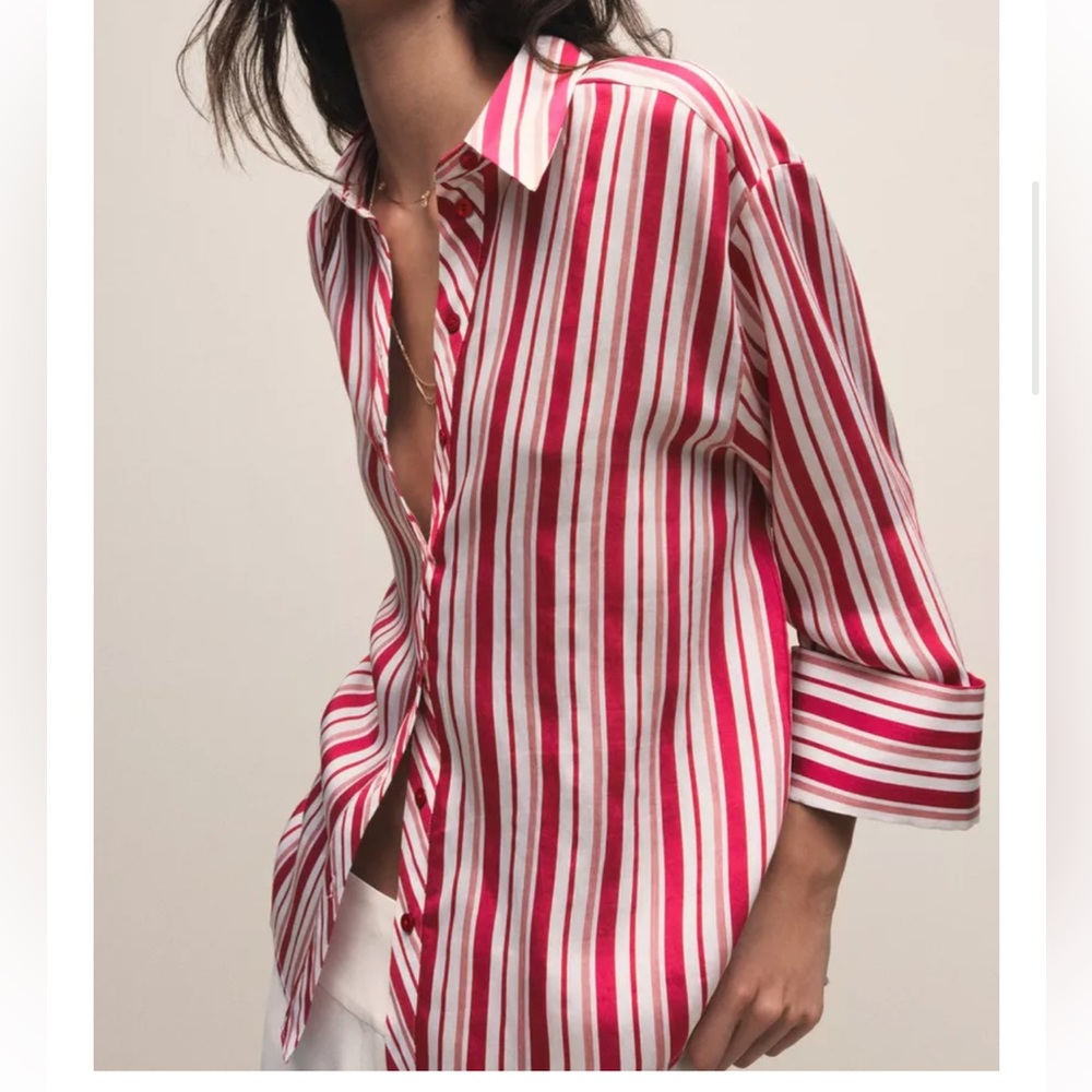 ZARA Striped Shirt Turn-Up Sleeves Red White Candy Stripe Button Up Women S NWT